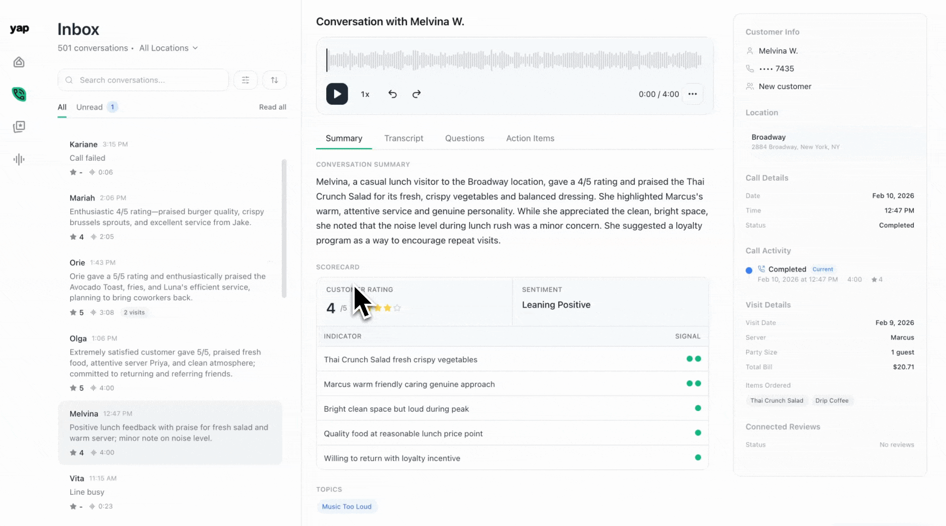 Yap conversation dashboard showing call analysis, transcript, sentiment scoring, and experience indicators